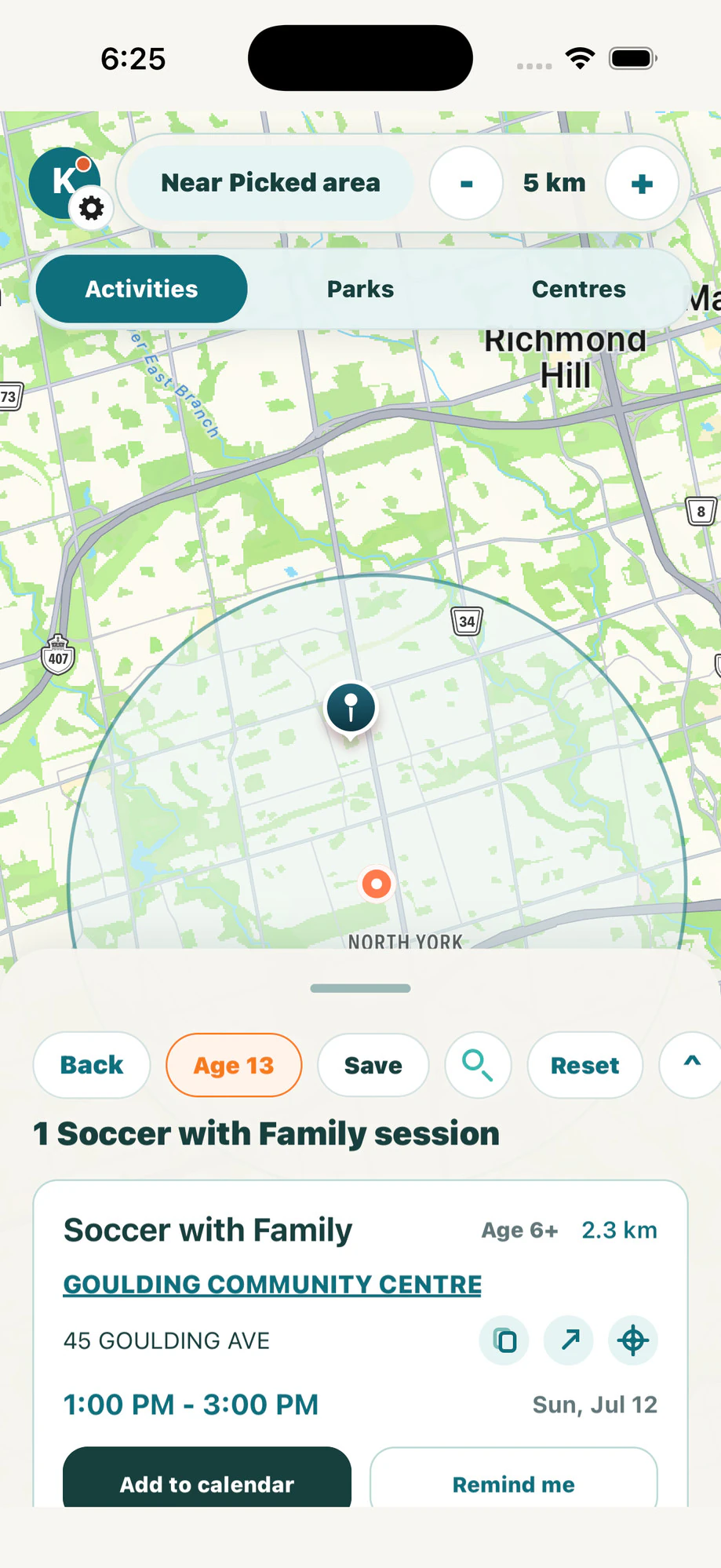 TONearby search results filtered to a single matching drop-in session