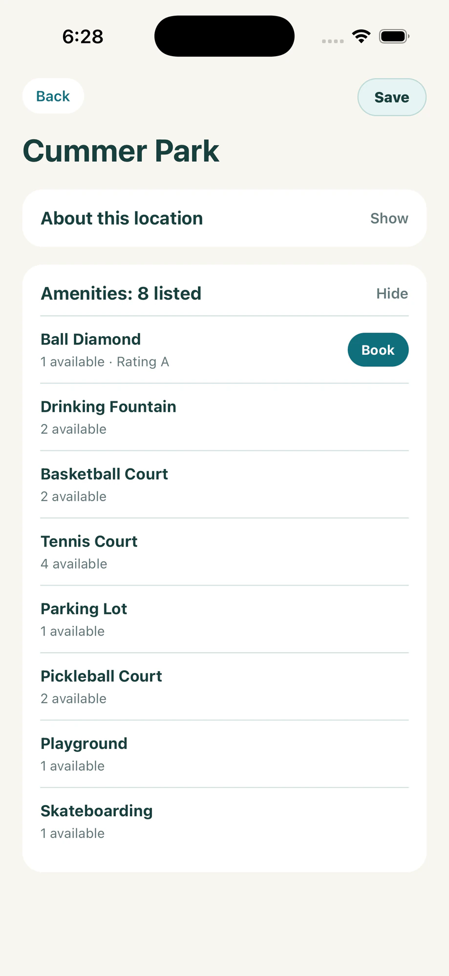 Park detail page listing amenities like courts and playground