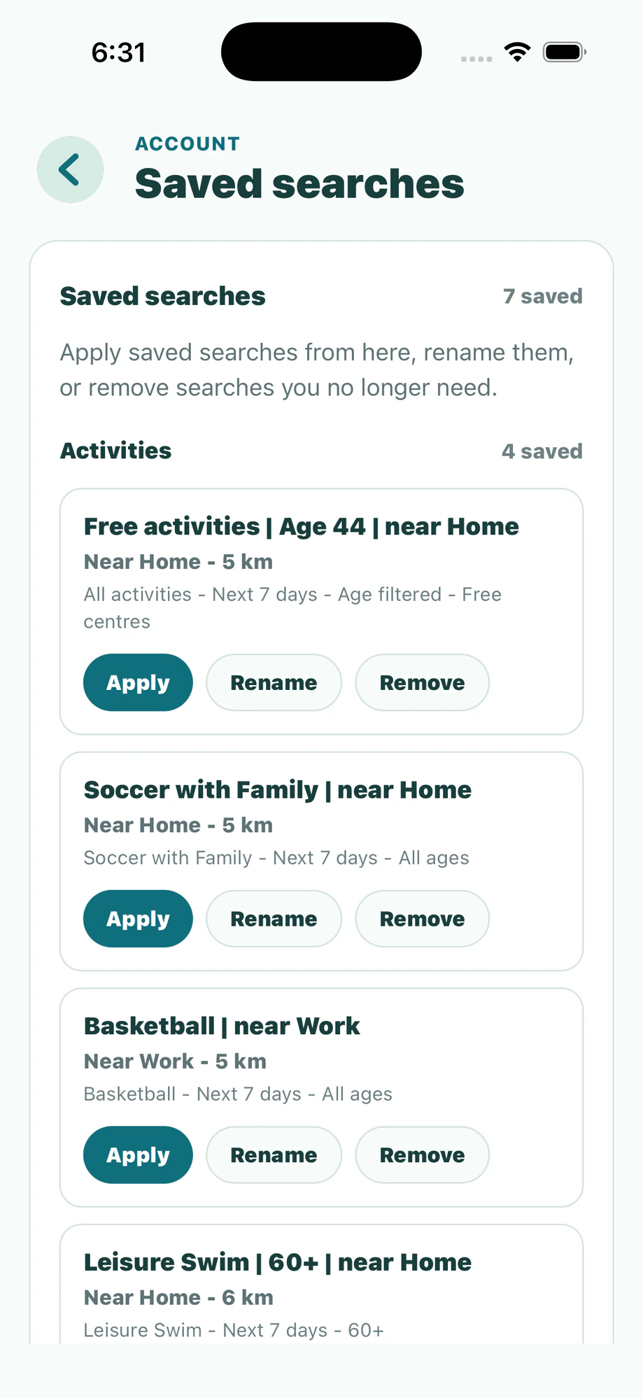 Saved searches list with apply, rename and remove actions